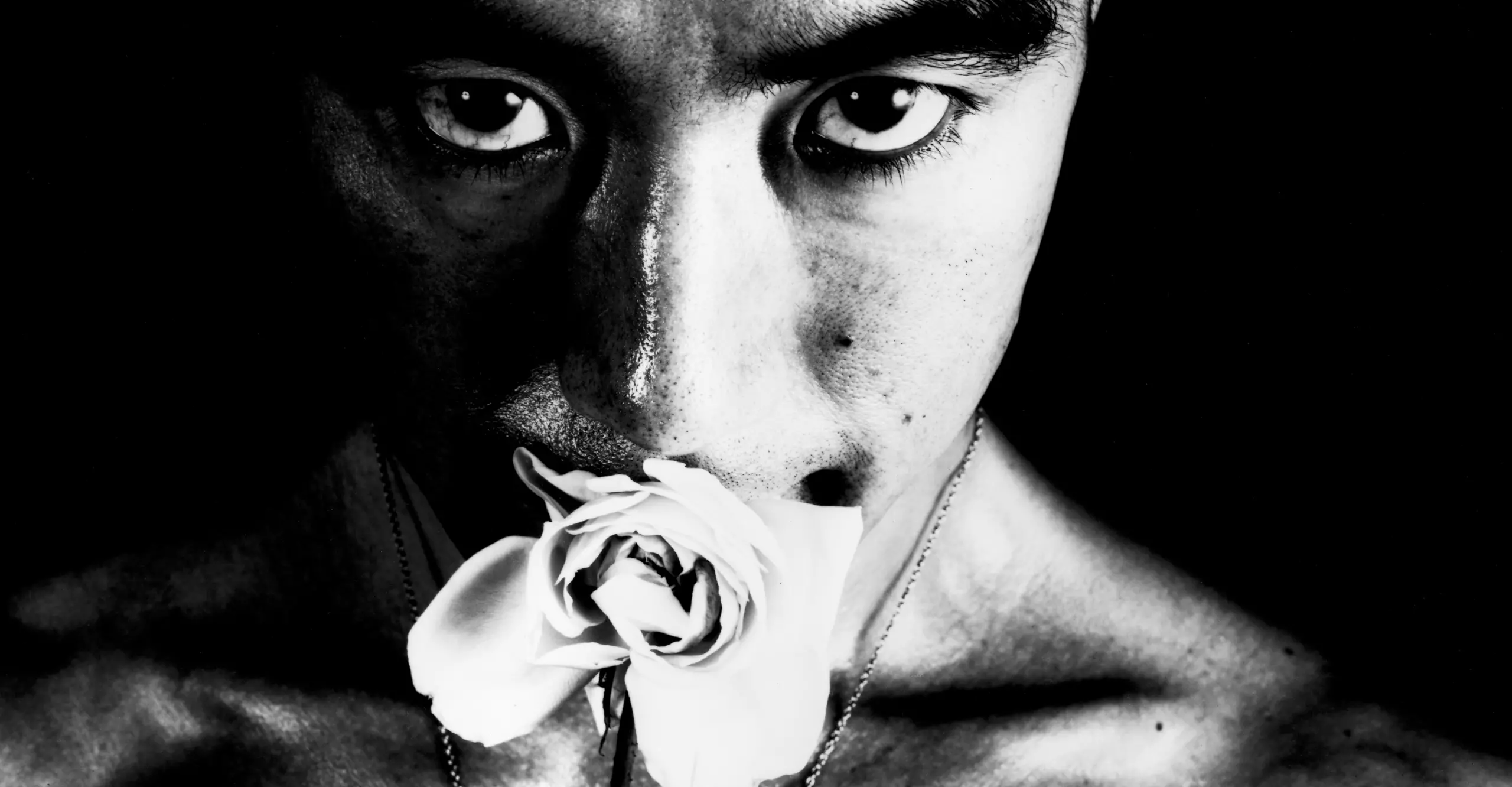 Portrait of man with flower in his mouth