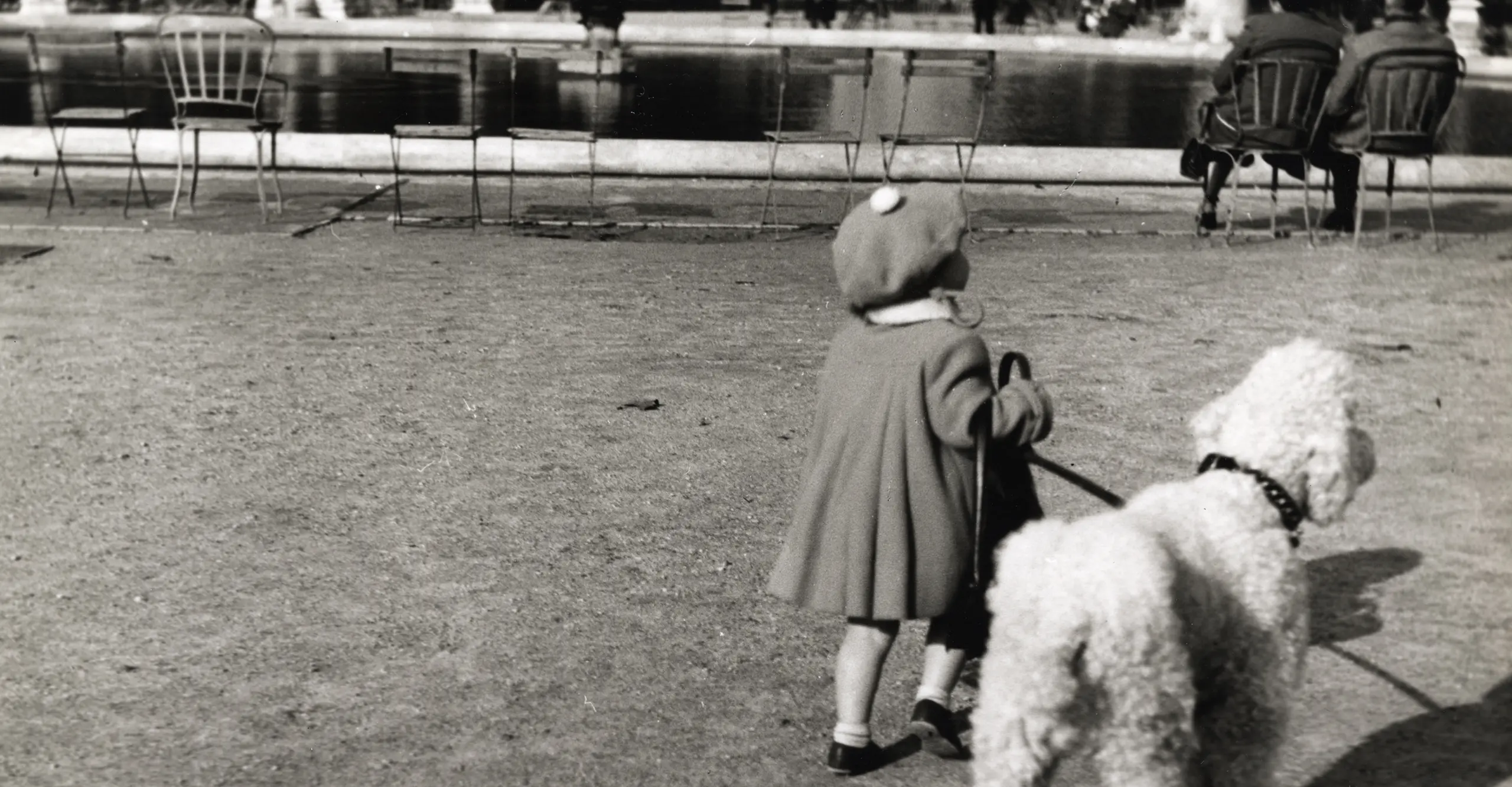 bw photo of child walking a dog across a park