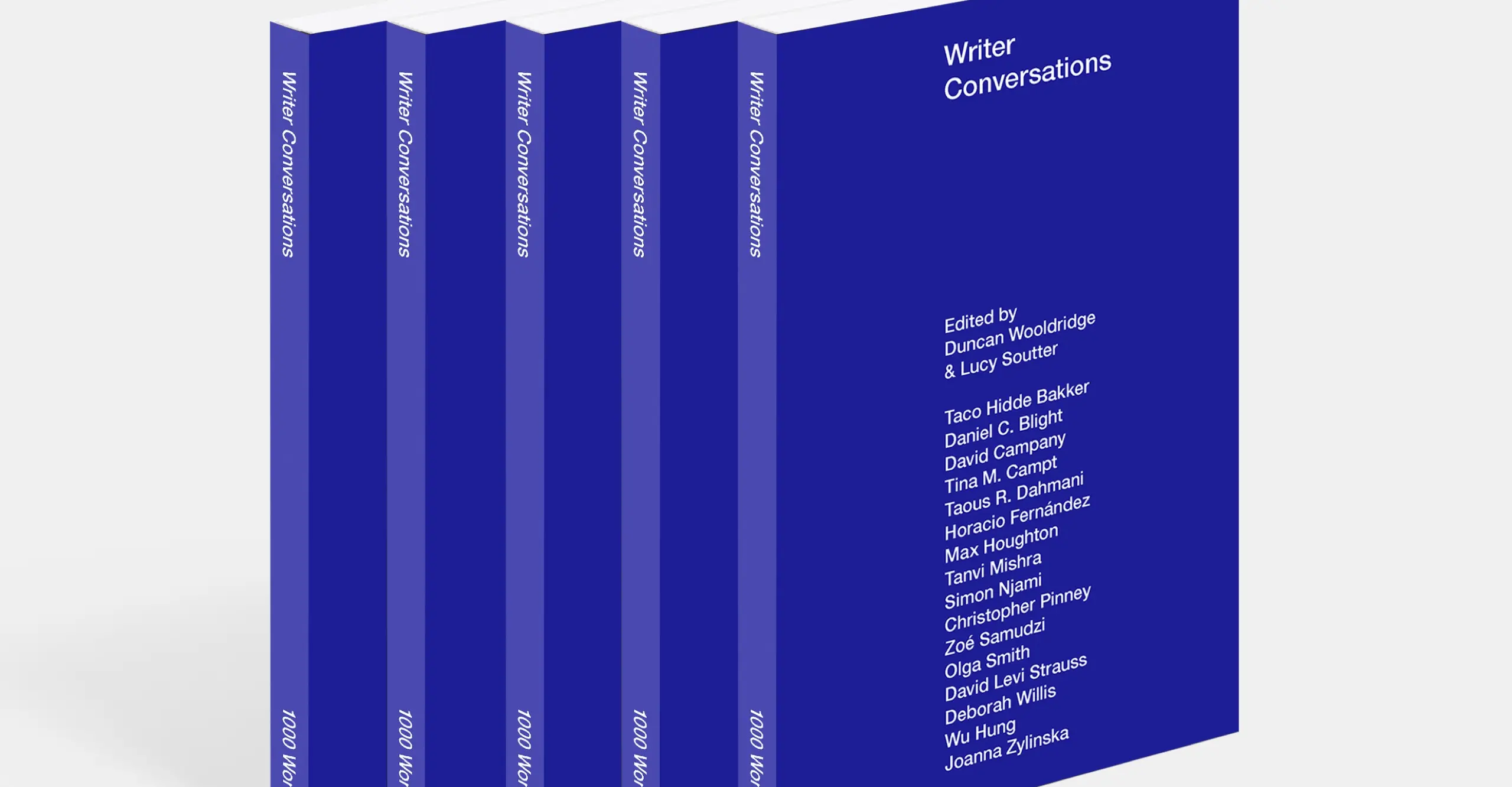 Product shot featuring five softcover copies of Writer Coversations