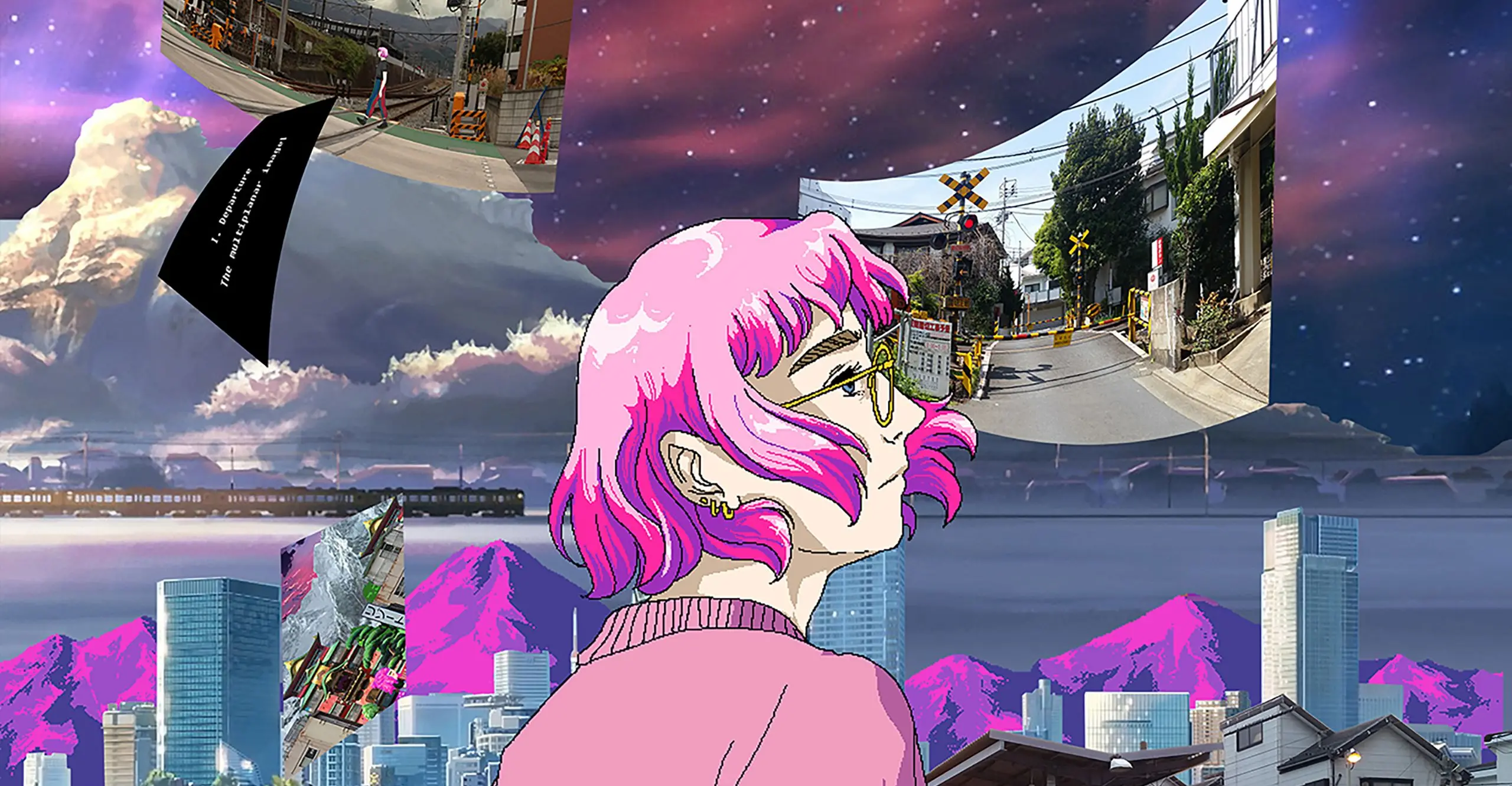 An anime illustration of a person with pink hair and yellow glasses looking at screen captures of Google Street view