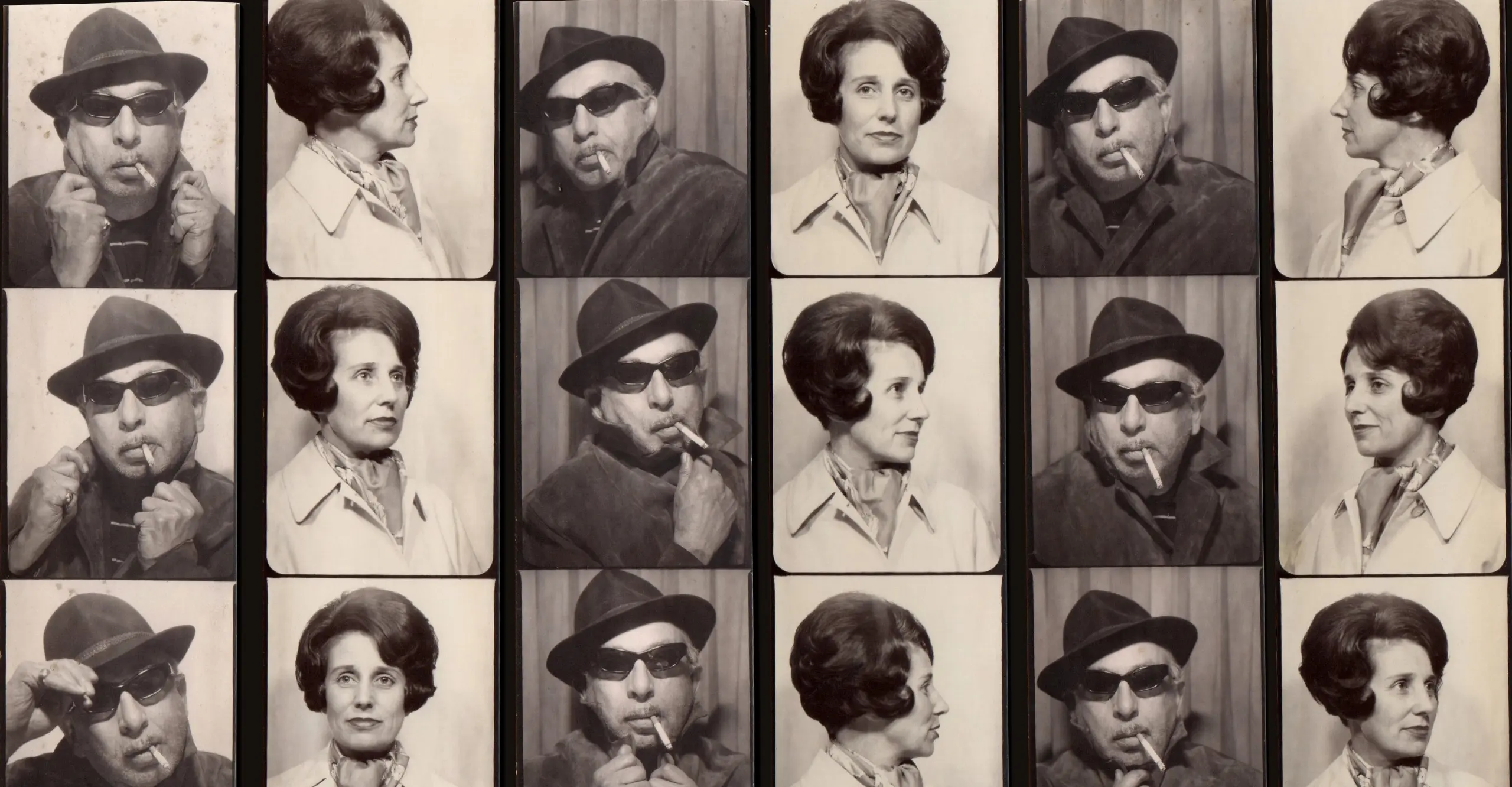 Black and White image of six sets of photobooth film strips showing a set of portraits of a man wearing a wide brimmed had and sunglasses and a woman with her hair pinned up, wearing a light coat.