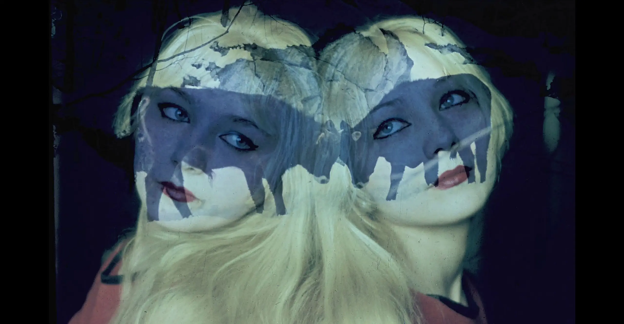 A double exposed photograph of two blonde women with their backs against one another, looking forward toward the camera. An image of two cows with their noses touching is overlayed over their faces.
