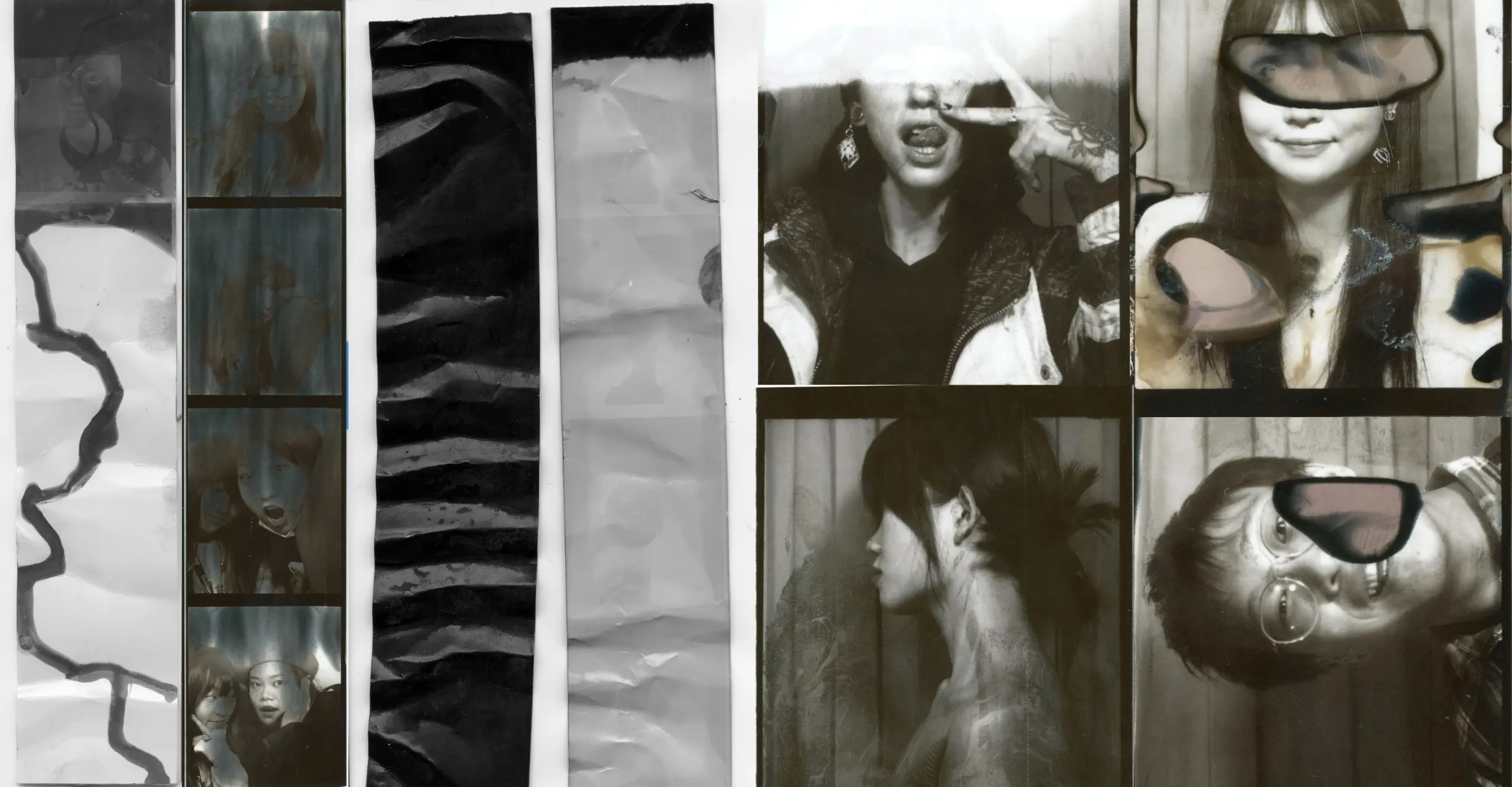 A collection of scanned strips developed from photobooths that have gone wrong and are warped.