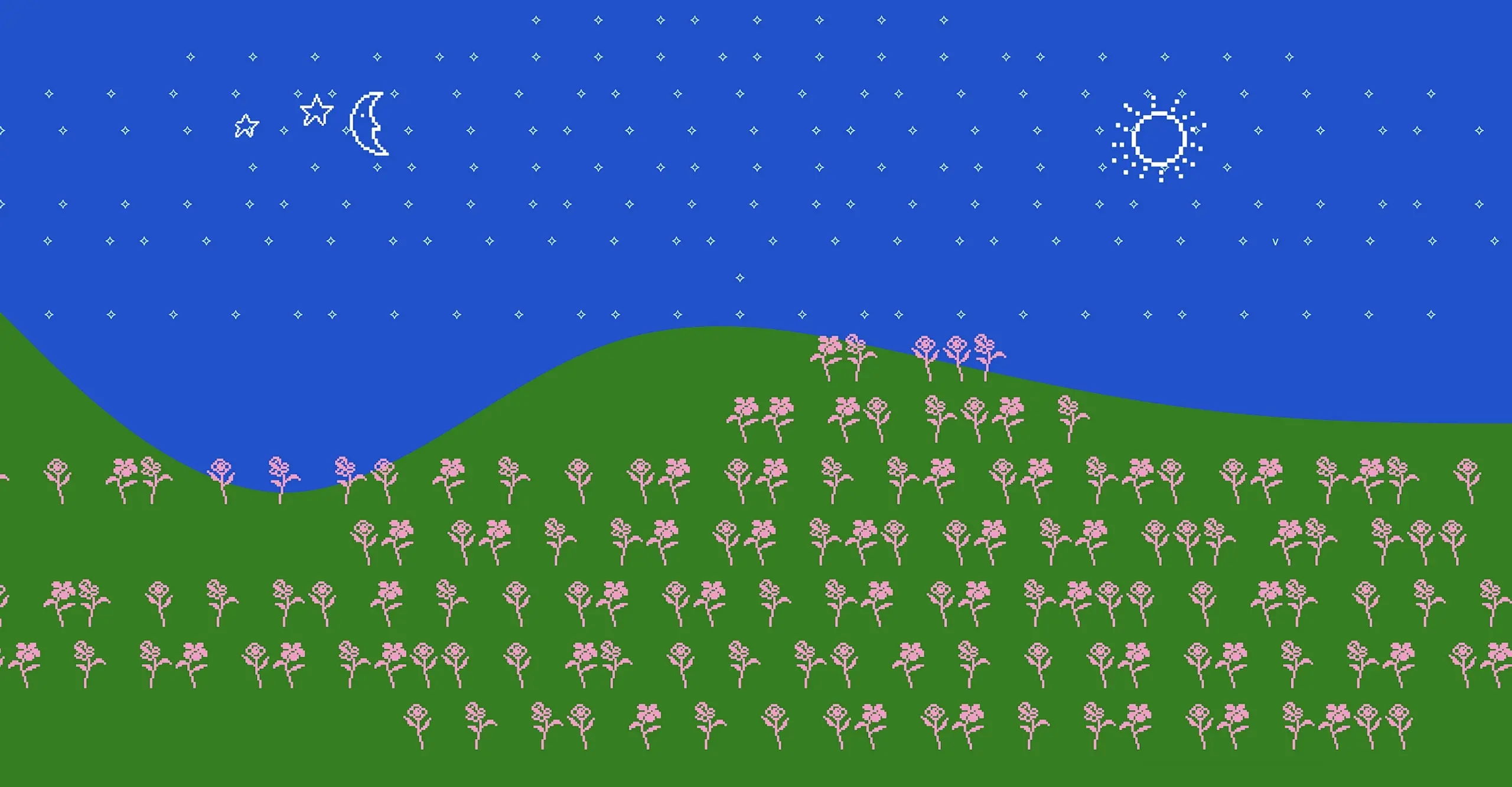 A digital pixel art image of a green hill covered in pink flowers. A bold blue sky fills the top of the image with small pixel stars dotted throughout.