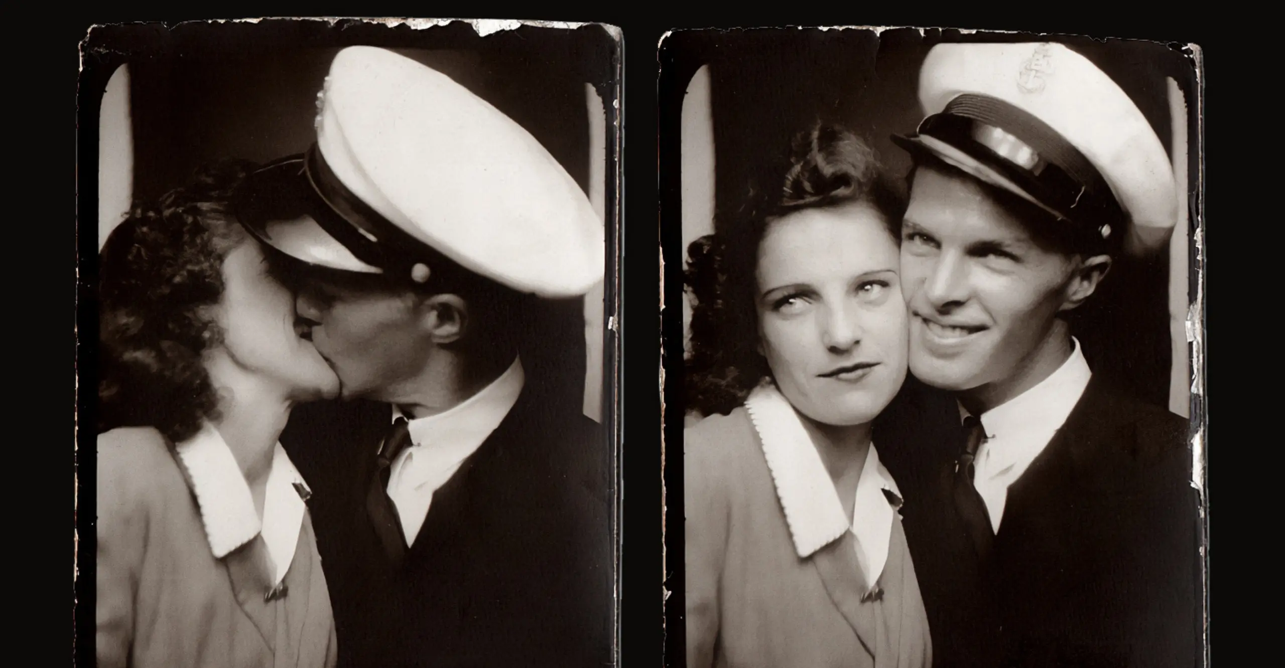 Black and white vintage photos of a man and woman kissing. The man wears a sailors hat and the woman wears a white collared blouse.