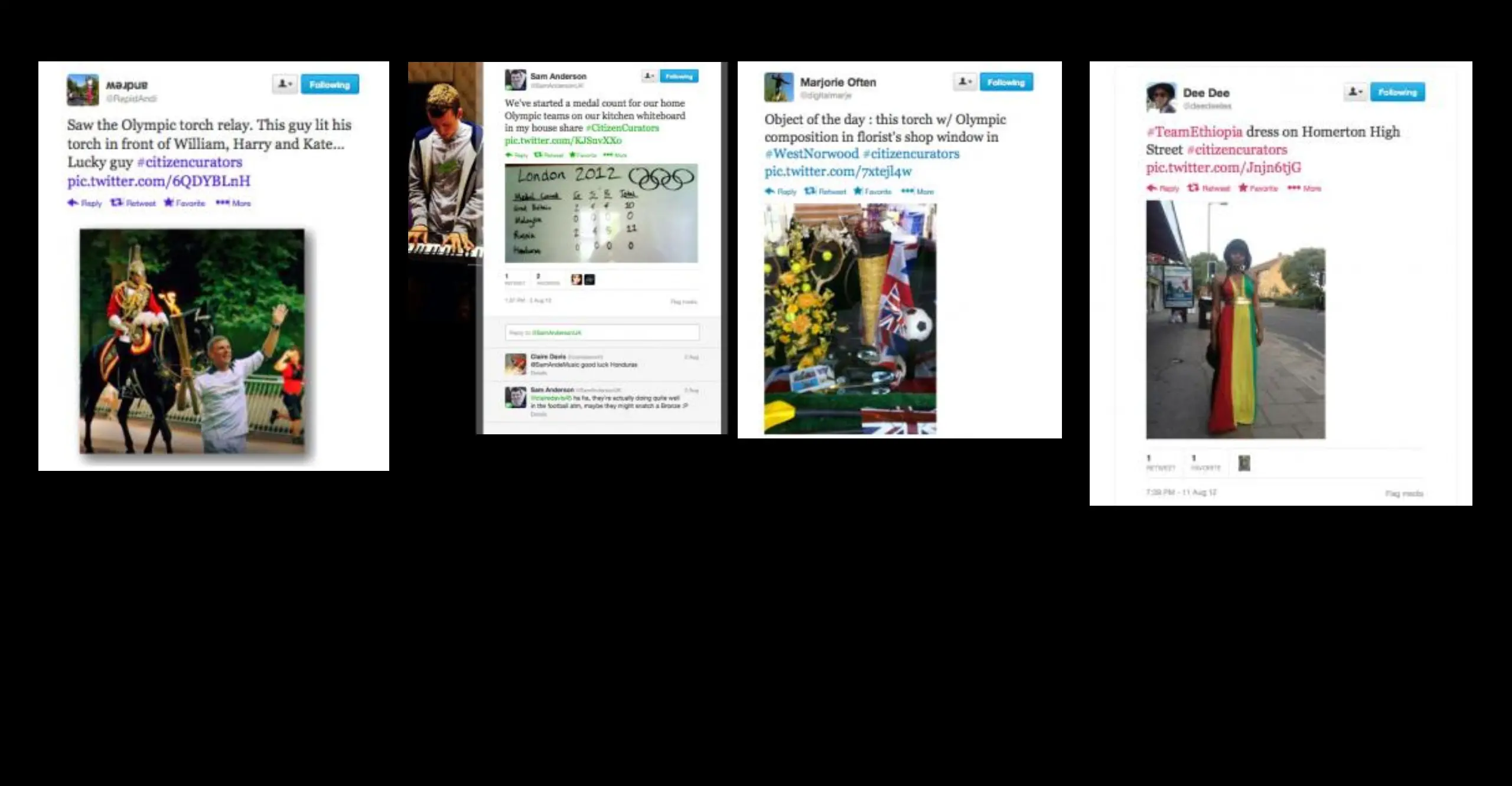 Four tweets about the London 2012 Olympics including #citizencurators over a black background