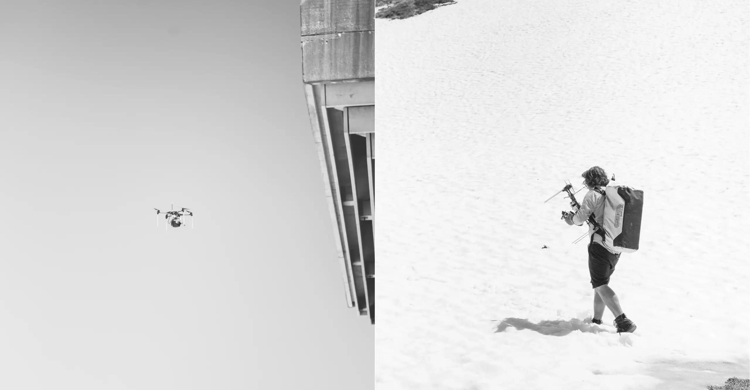 Two black and white images side by side, one of a drone in a clear sky, the other of a man walking in snow controlling a drone