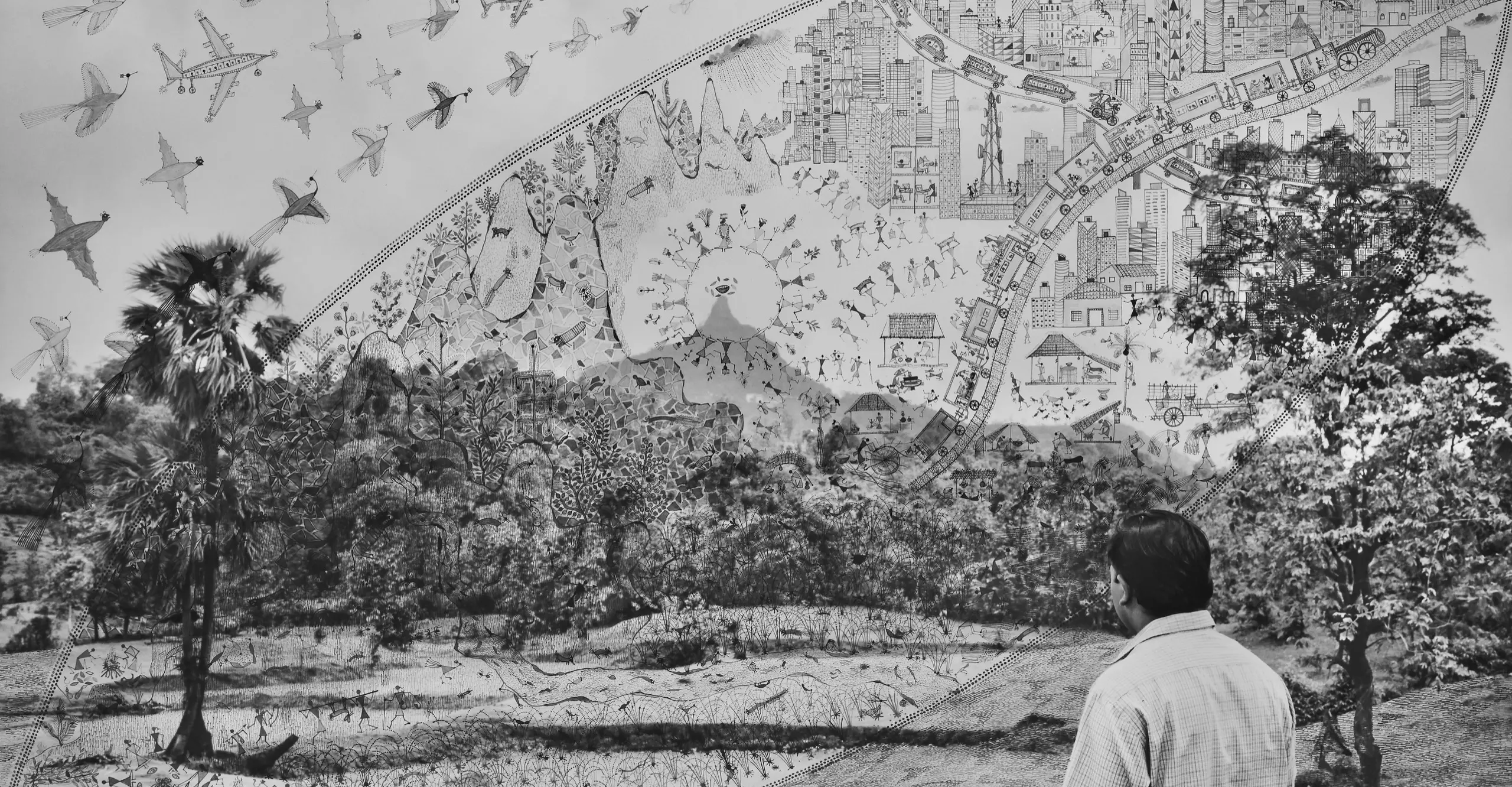  Black and white photograph of a person with their back turned, looking out to a forest, layered with Warli drawings over the image