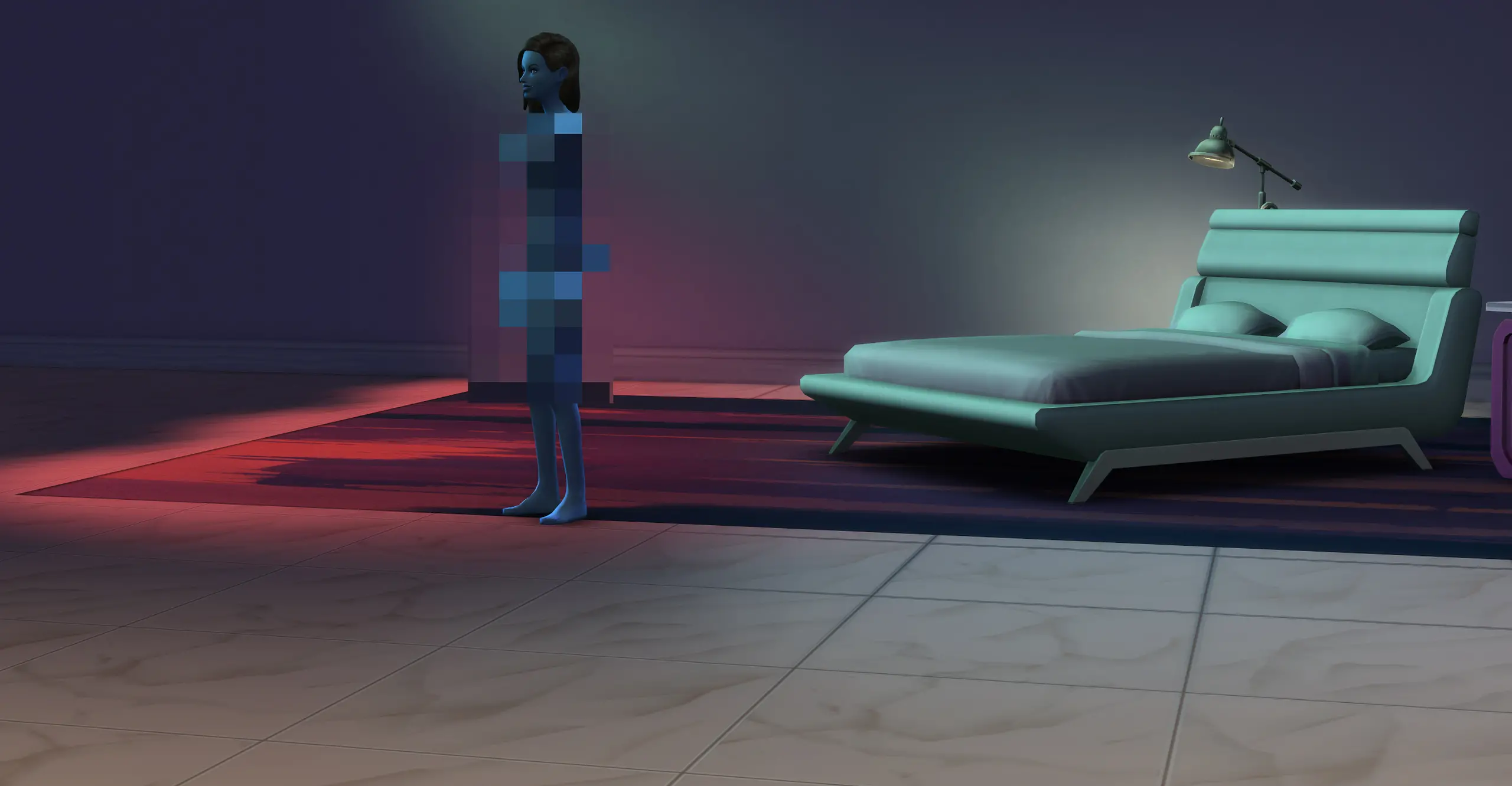 a 3D rendered bedroom where a woman is standing naked. Her naked body is censored through pixelation 