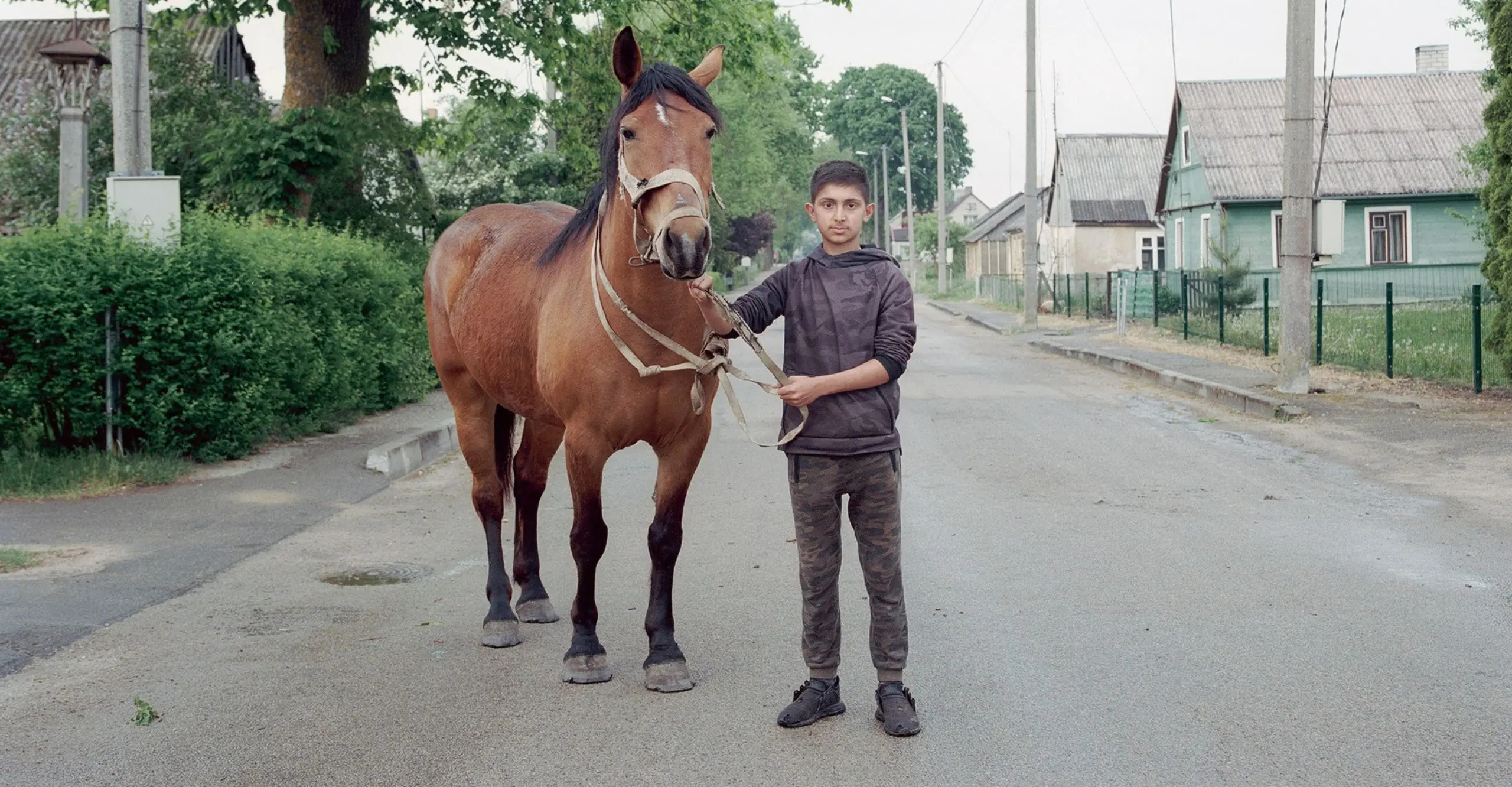Colour photo of man with horse in Lithuania