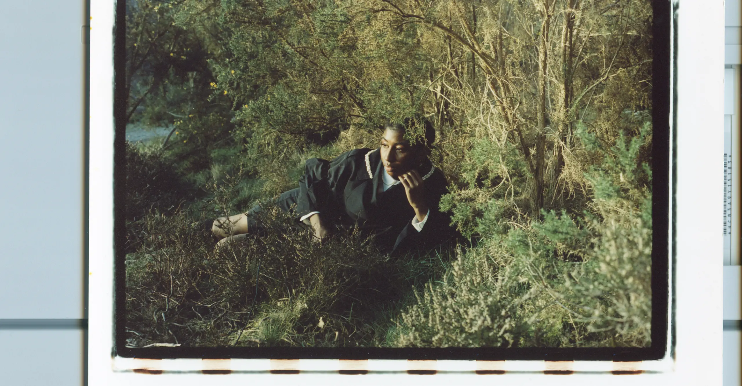 A photograph of a printed image of woman in a bush.