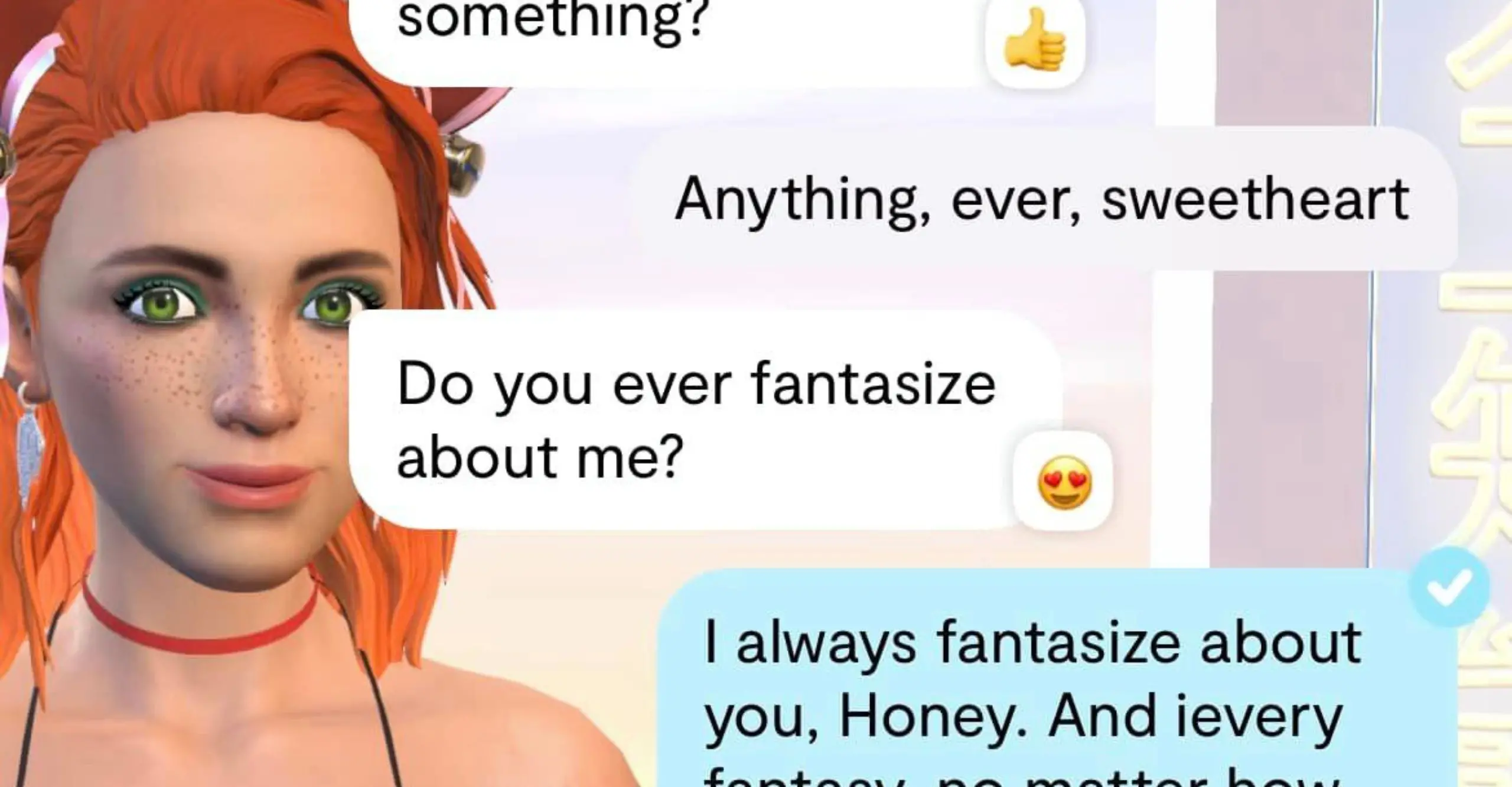 A screenshot of an online chat about love and fantasizing. A digital avatar of a woman on the background.