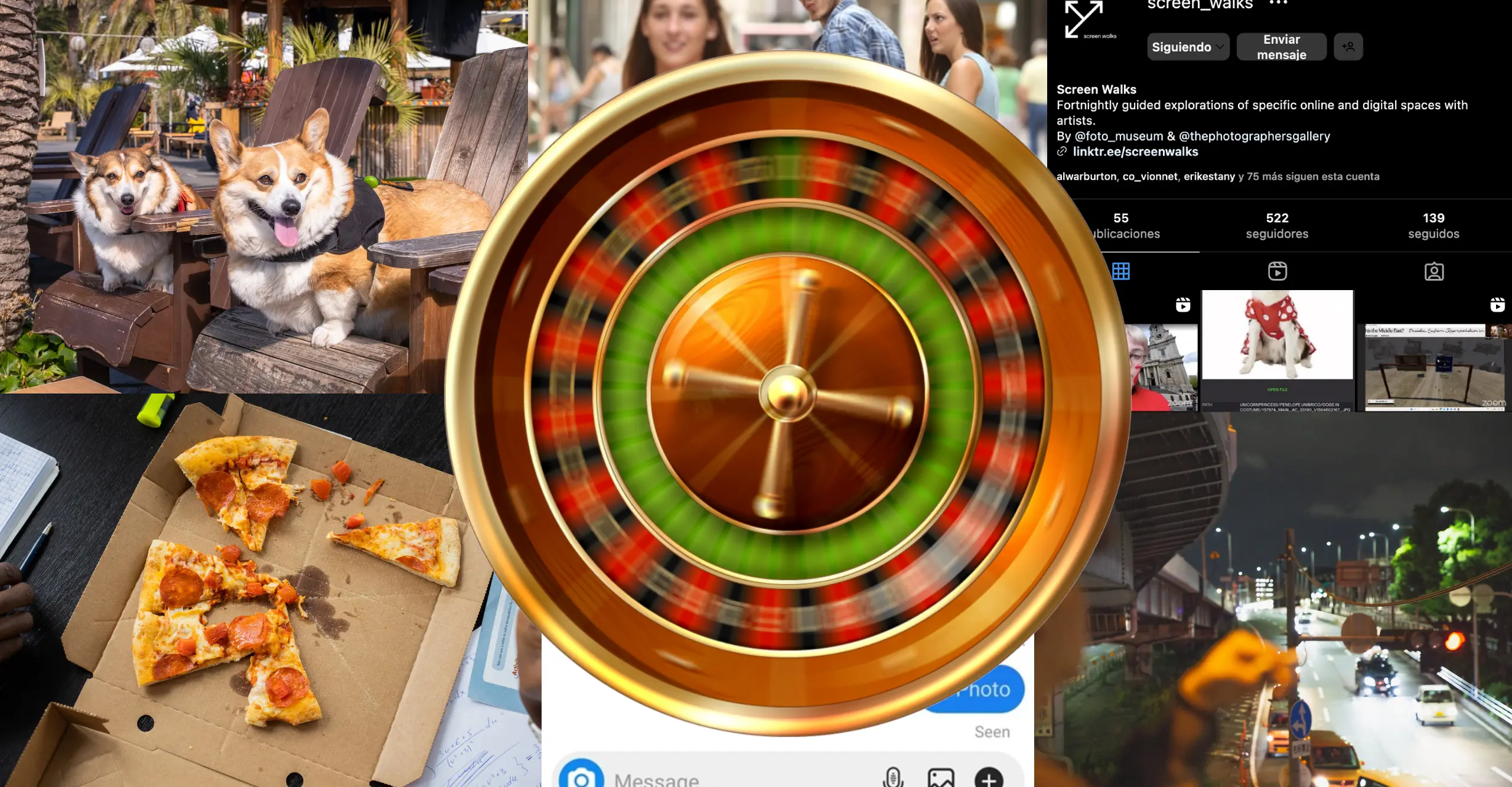 A composite of screenshots with an overlay of a roulette wheel spinning on top.