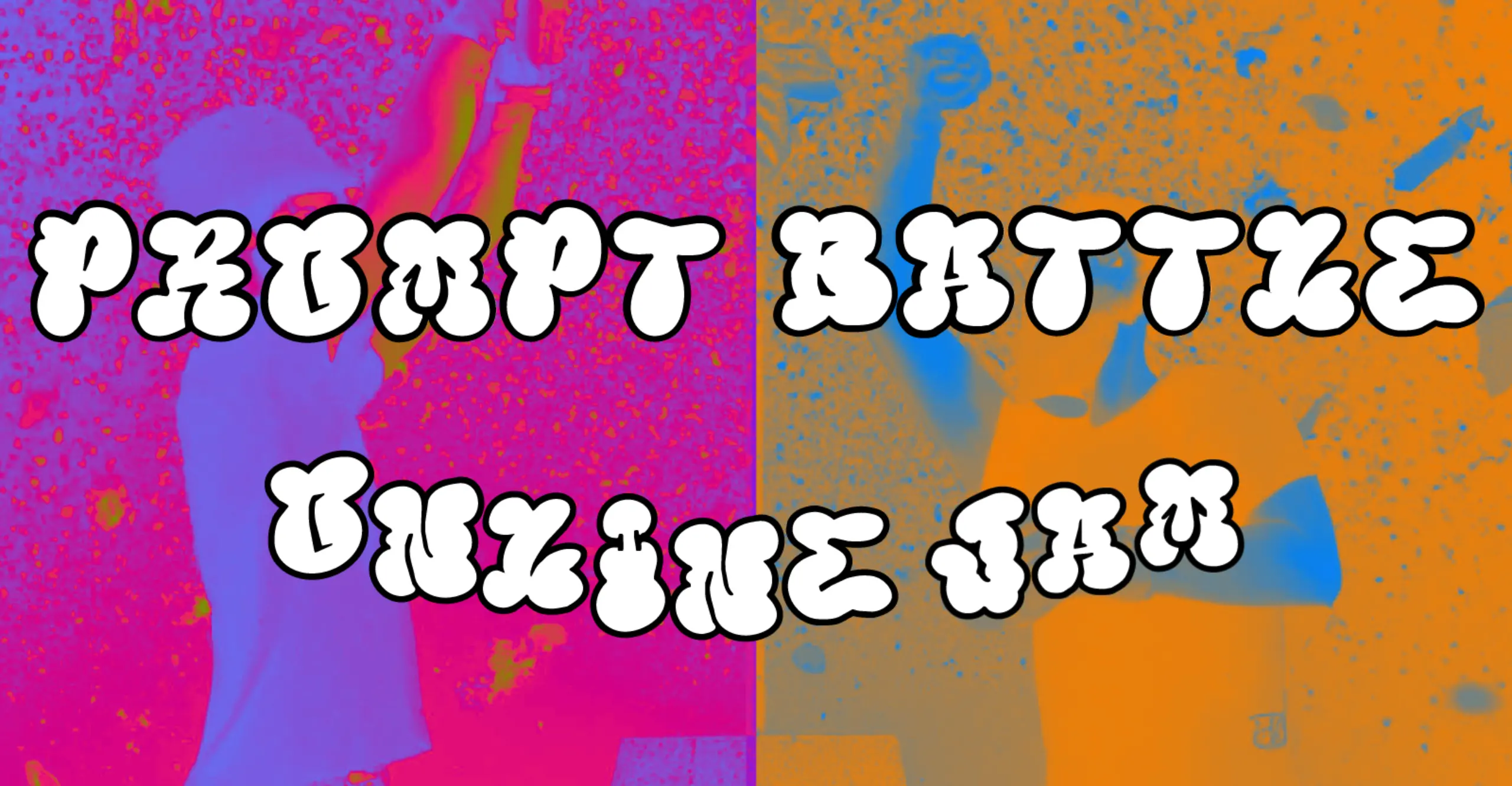 "Prompt Battler Online Jam" written with a cloud shaped white typeface on top of a divided colourful background