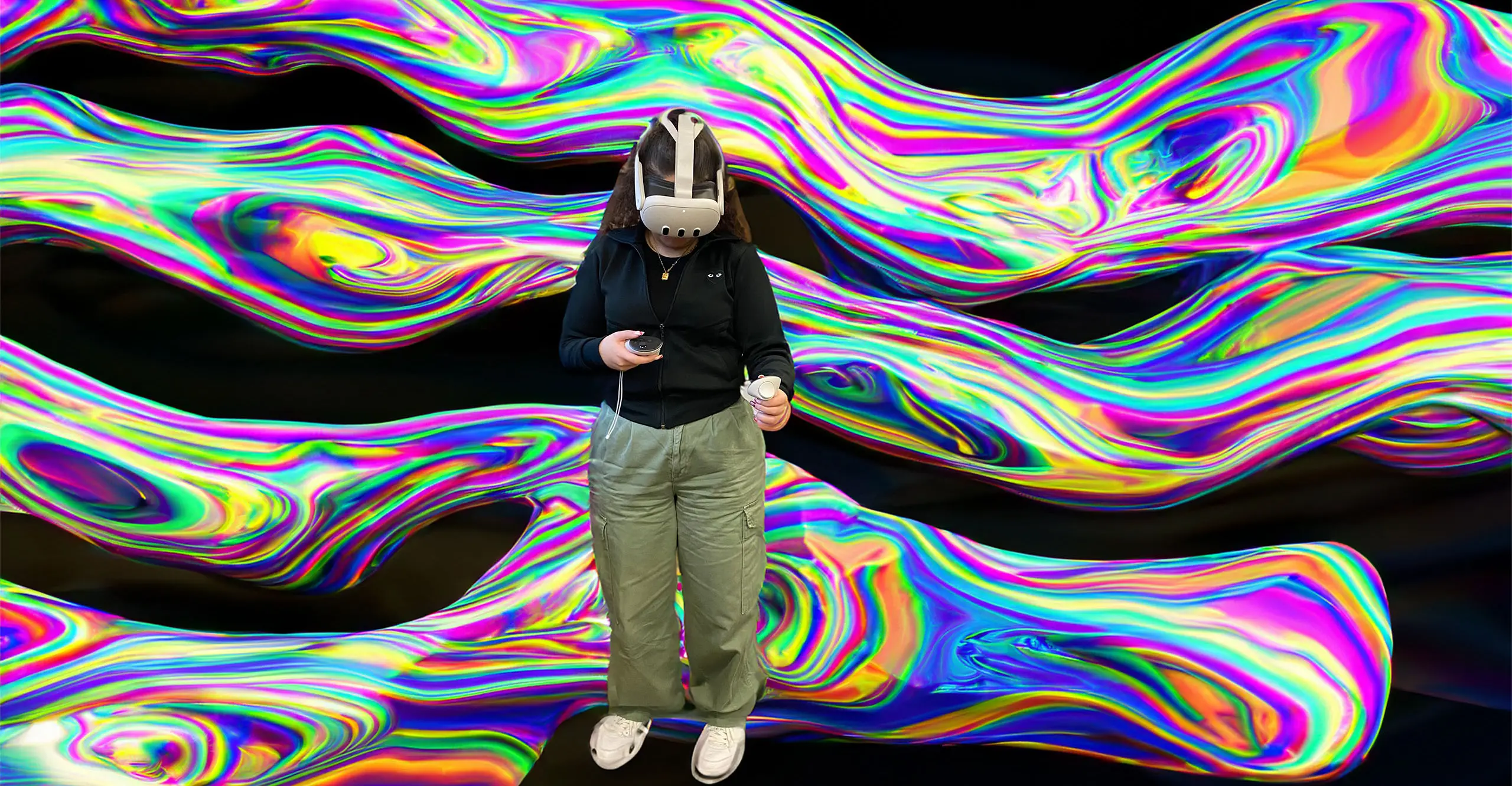 A person wearing VR among a wavy digital landscape