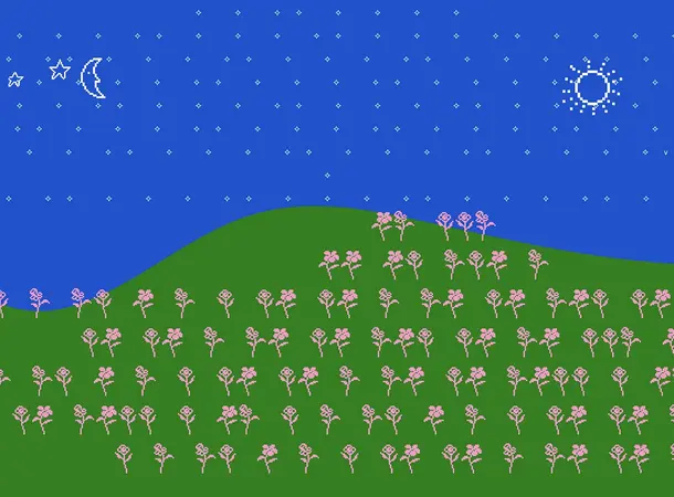 A digital pixel art image of a green hill covered in pink flowers. A bold blue sky fills the top of the image with small pixel stars dotted throughout.