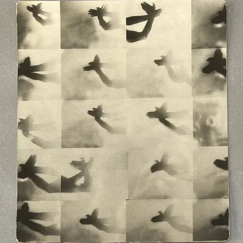 Sepia grided collage of hands forming the shape of a bird.
