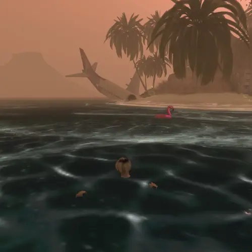 Computer generated colour image of the ocean with a figure in the water and in the background a desert island and crashed, partially submerged aeroplane