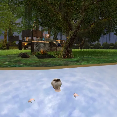 Computer generated colour image of the ocean with a figure in the water in the foreground and the background is land with greenery and a structure