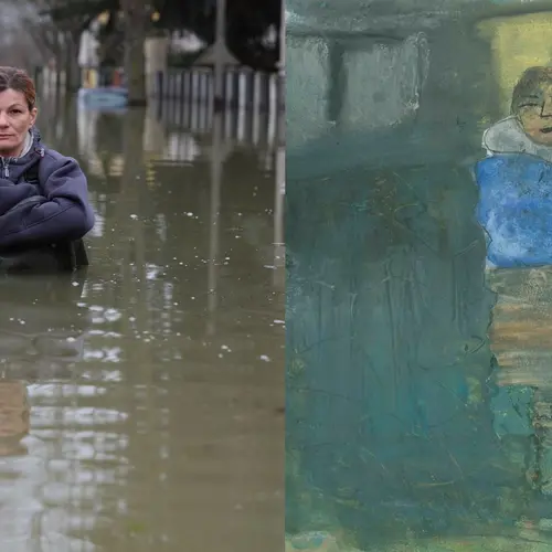 A colour photograph of a person partially submerged in water standing in a street alongside a colour drawing of the same image