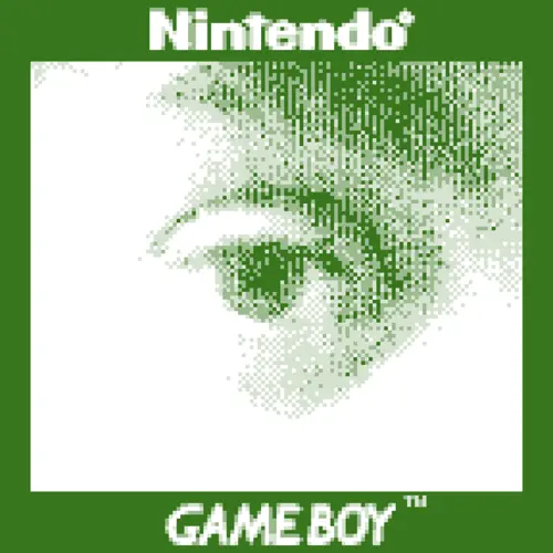 A close up pixelated and green toned photograph of an eye, framed in black with "Nintendo" on top and "GAMEBOY" on the bottom.