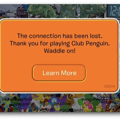 The last moment from an online game after the server has been shut off. The text says Thank You and Waddle On!