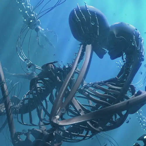 Digital image of two skeletons kissing underwater