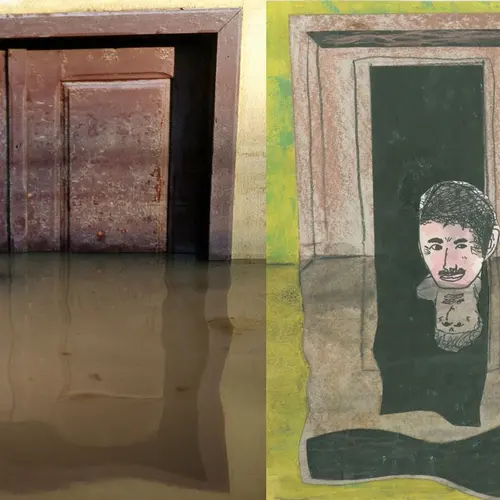 Colour photograph of a person almost entirely submerged by water outside a home alongside a colour drawing of the same image