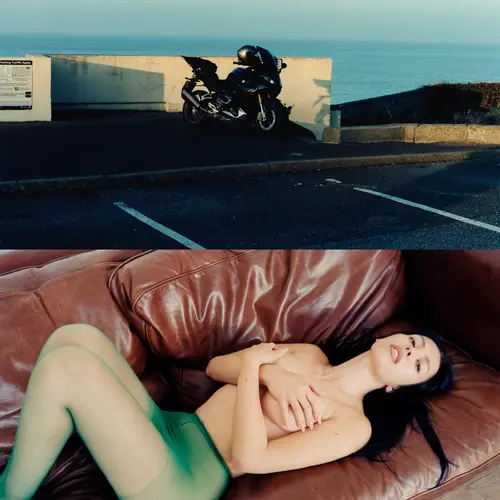Two photographs laid next to one another. One features a black motorbike sat in a parking space on a rooftop carpark. The second features a young woman laying on a brown leather sofa. They wears a pair of green tights and nothing else.
