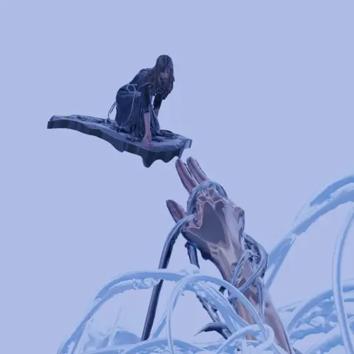 A 3D scan of a crouching young woman in a black dress hovers above a hand reaching out through a tangle of 3D tubes