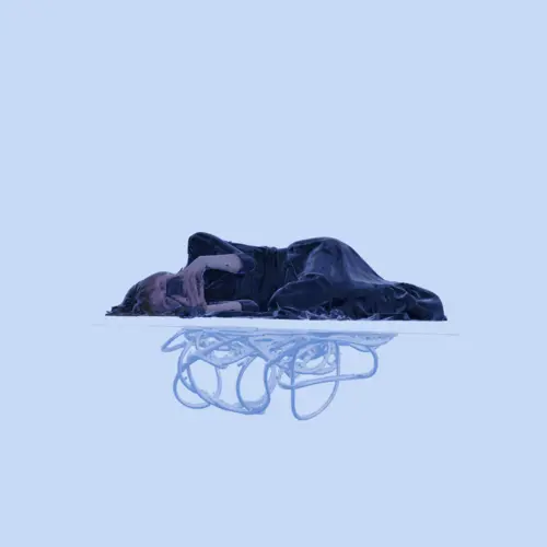 A 3D scan of a woman in a black dress, lying down on her phone, floats on a platform that has a base of light 3D tubes