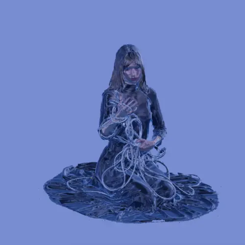 A 3D scan of a young woman in a black dress sits among a tangle of 3D tubes, holding some in her arms