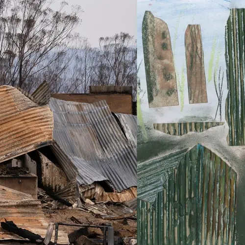 Colour photograph of a person standing in the burnt remains of a structure alongside a colour artwork of the same image
