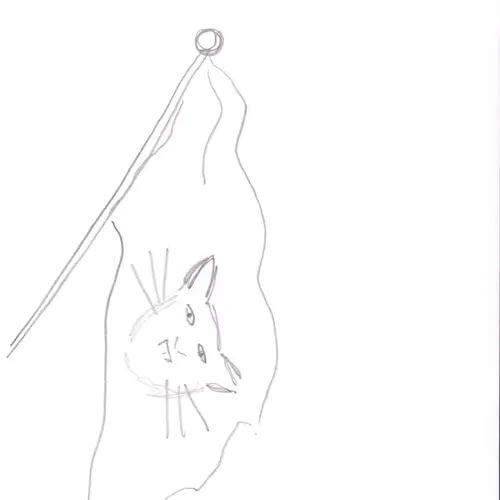 Postcard with drawing of a flag with a cat's head on it.
