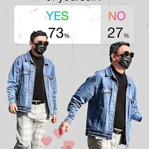 A screenshot of an Instagram live featuring the poll function asking "Would you delete an unflattering photograph of yourself?" 73% replied yes and 27% no. Below, two photographs of a person with a mask and sunglasses on.