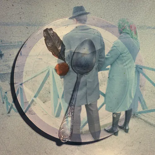 Colour photograph of the backs of a man  and woman. Layered on top of the image is a plate with a  teaspoon and fruit on it. 