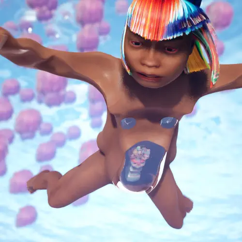 Digital avatar with multicoloured hair, pregnant with translucent belly, floats in water with jellyfish in the background