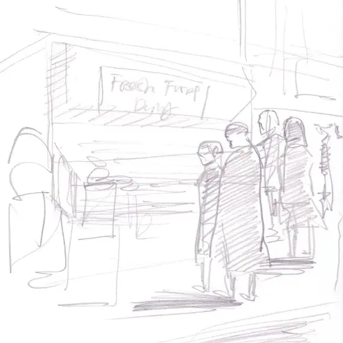 Postcard with pencil sketch of figures in front of a fruit stall.