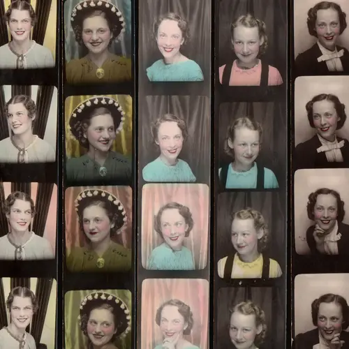 Coloured strips of vintage photobook portraits of young women
