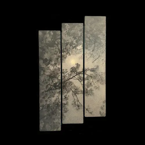 Three panels form a triptych of a tree with sprawling branches. 
