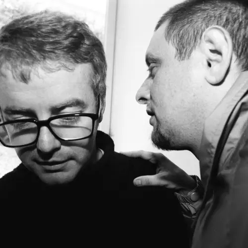 Black and white photograph of a portrait of Chris Evans and Shaun Ryder
