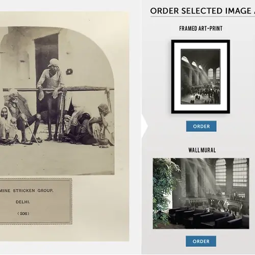 A screenshot of a photograph with the caption 'famine stricken group, Delhi' and a photography service checkout to print images