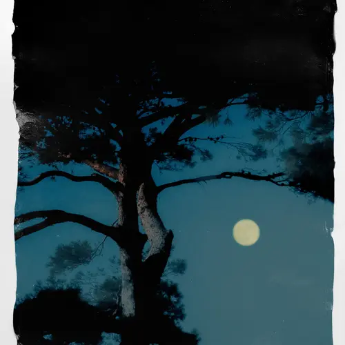 A colour print of a tree silhouetted against a night sky with a full moon.
