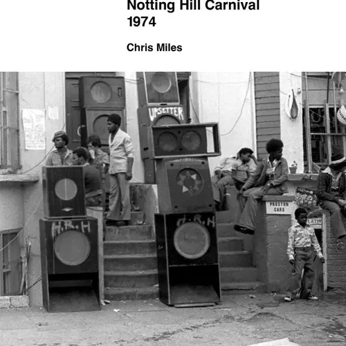 Black and white photograph of a book cover of Chris Miles Notting Hill Carnival 1974 