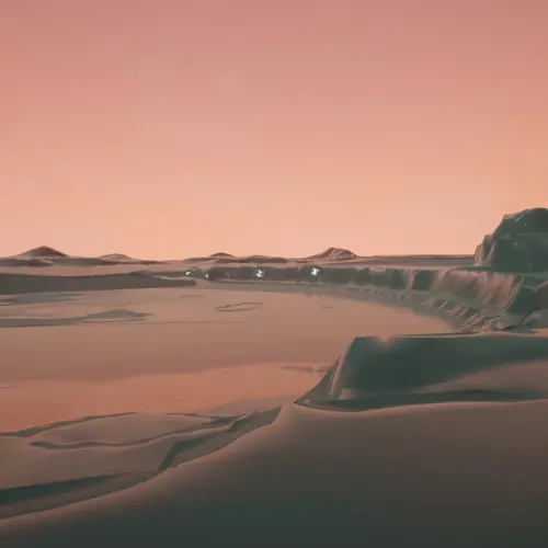 Digital render image of a pink landscape and lake