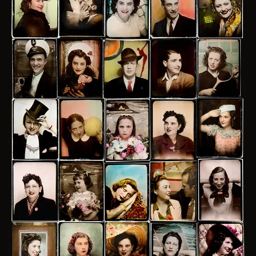 Coloured strips of vintage photobook portraits of young women