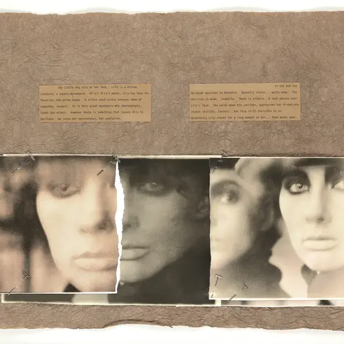 Photocollage of close-up images of a woman’s heavily made up face.