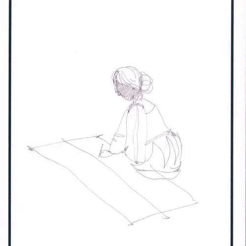 Postcard with drawing of a seated figure drawing.