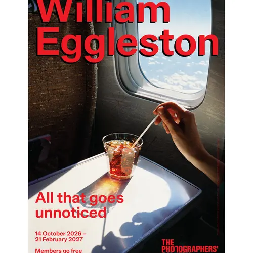 William Eggleston exhibition poster with a view out of a airplane window as the background