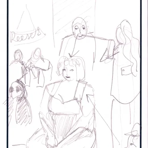 Postcard with drawing of figures in space